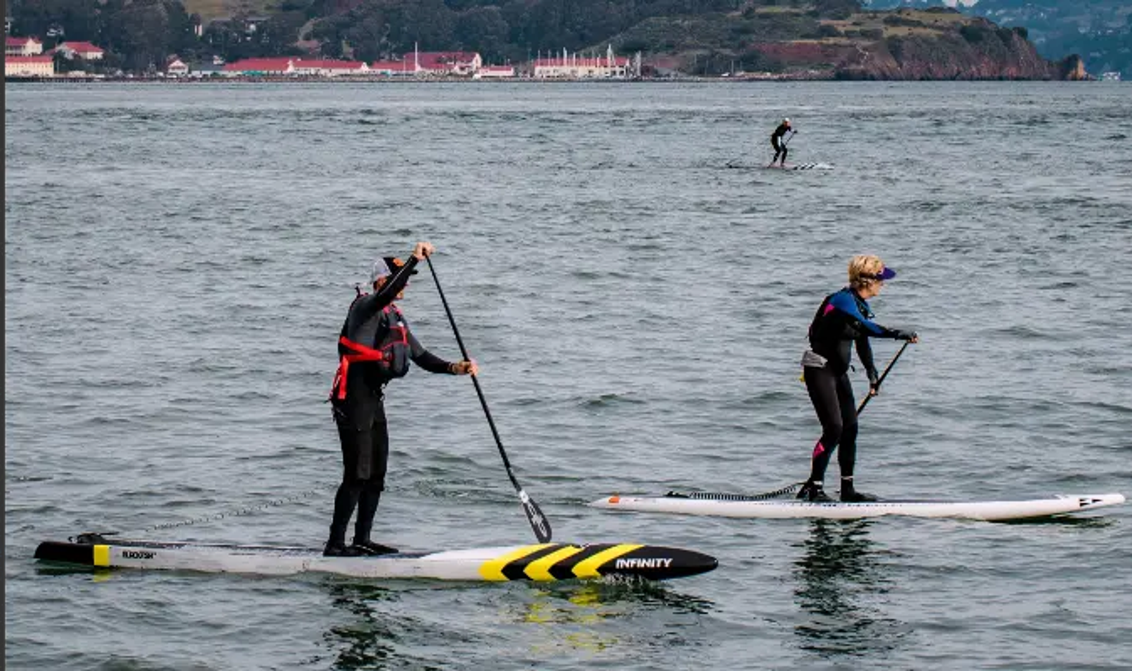 two men paddle boarding by the beach wearing complete safety equipment