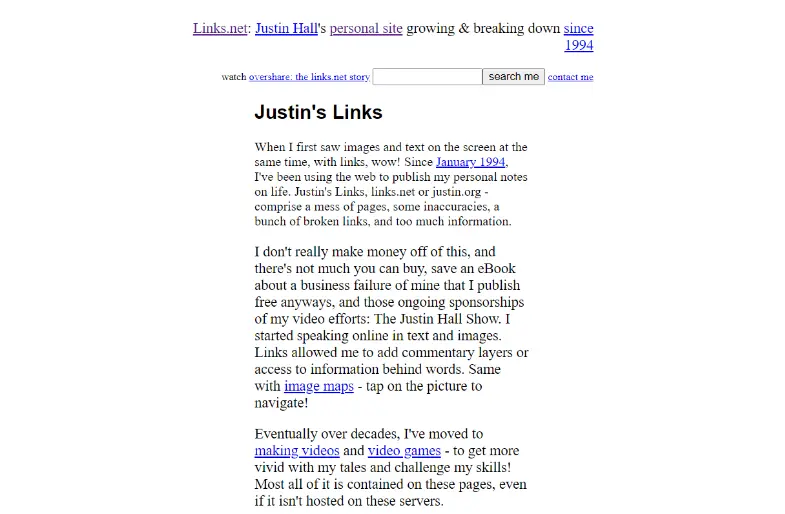 Justin Halls persönliche Website mit Links und persönlichen Notizen aus dem Jahr 1994