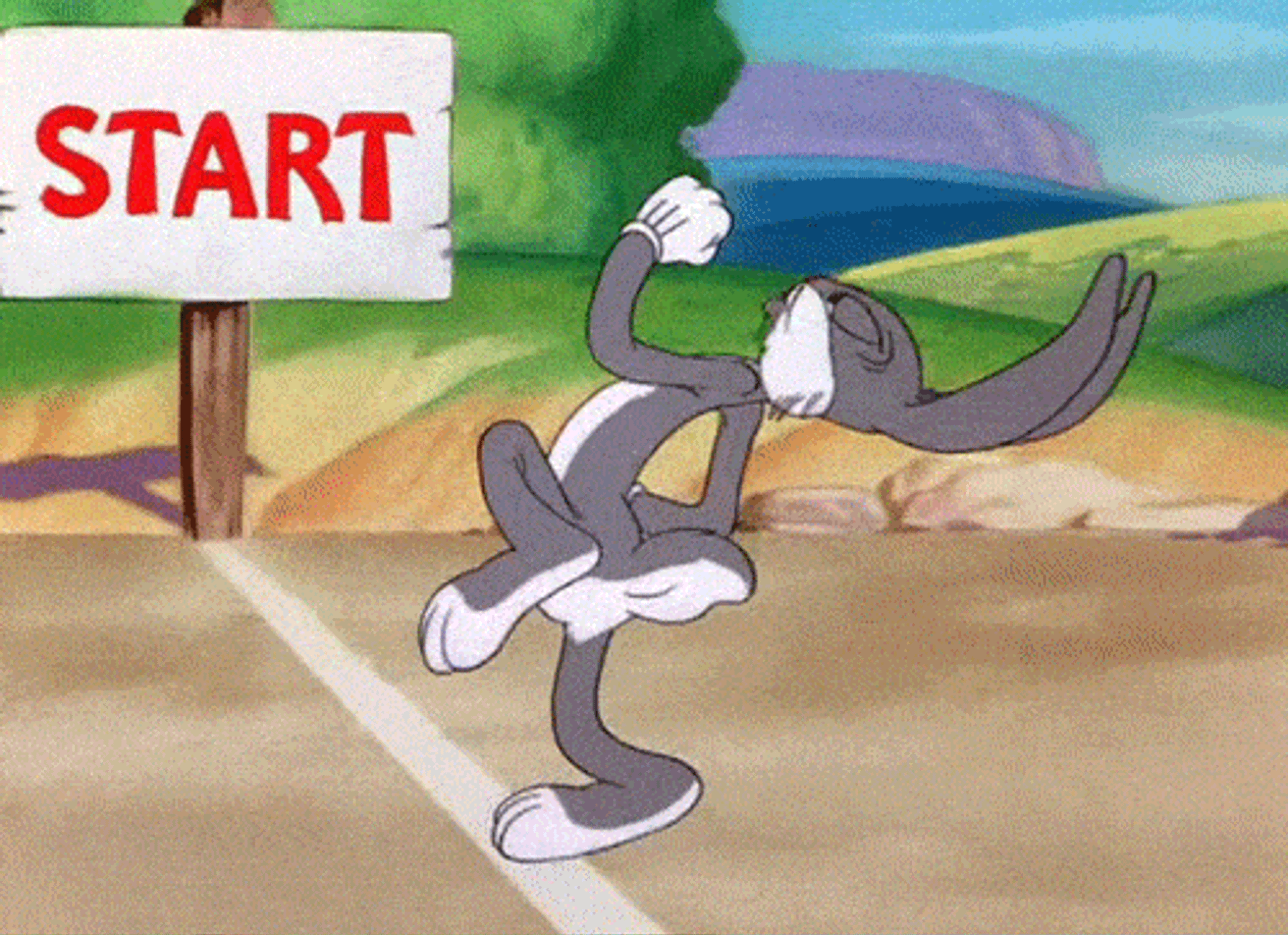 Personnage de dessin animé prêt à courir, debout à la ligne de départ