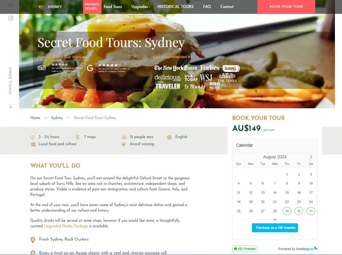 hemmelig madture hjemmeside viser ticketinghubs booking widget på deres sydney madtur booking side