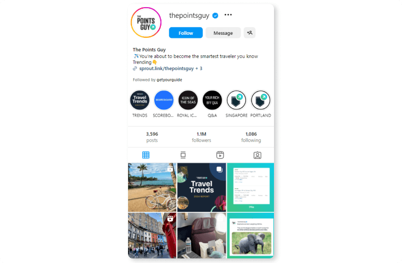 Instagram-profil af The Points Guy med forskellige rejsebilleder
