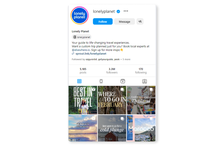 ロンリープラネットのInstagramプロフィール。魅力的な旅行先を紹介しています。