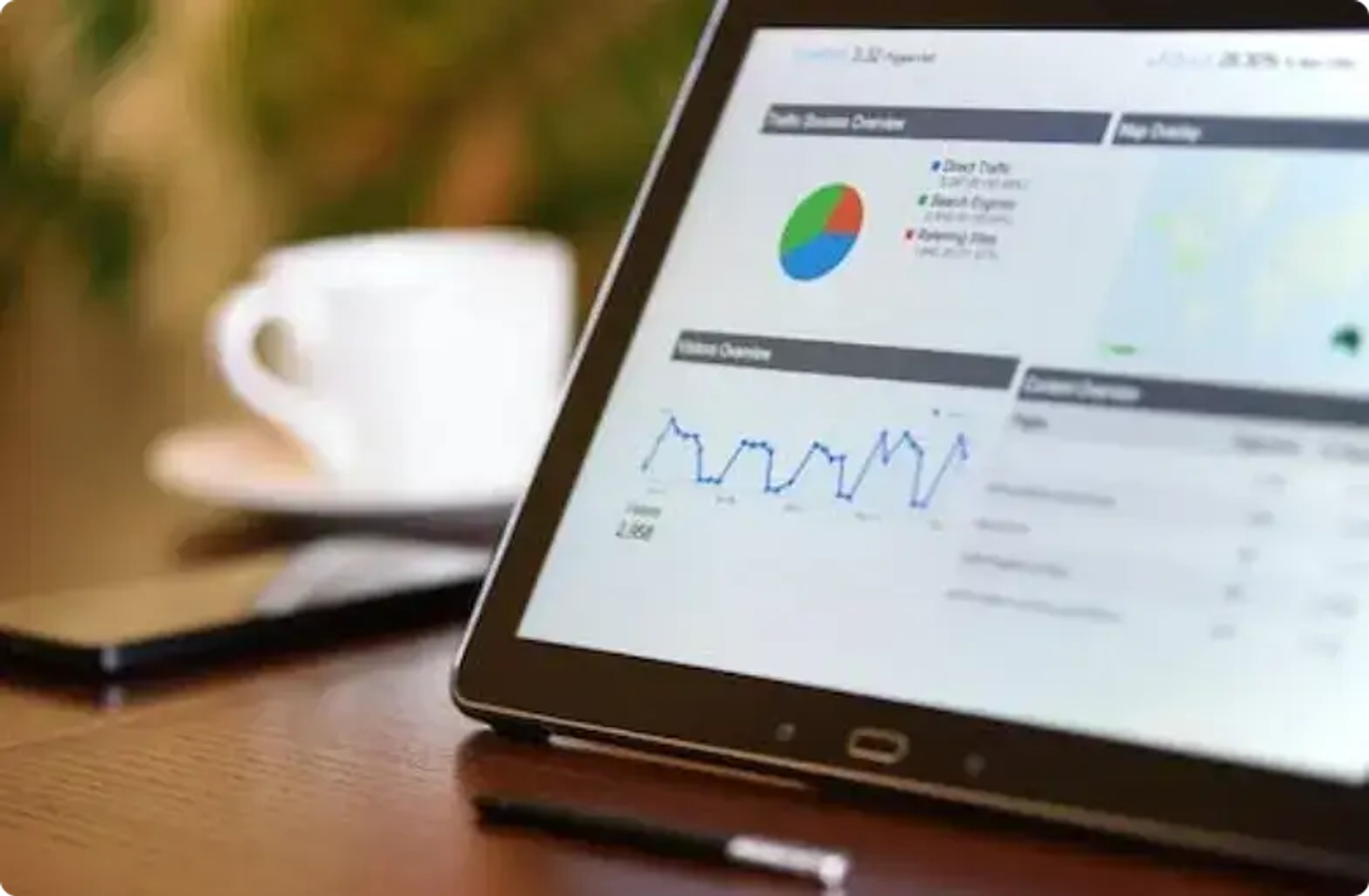 Tableta mostrando un panel de análisis de negocios con gráfico circular y gráfico