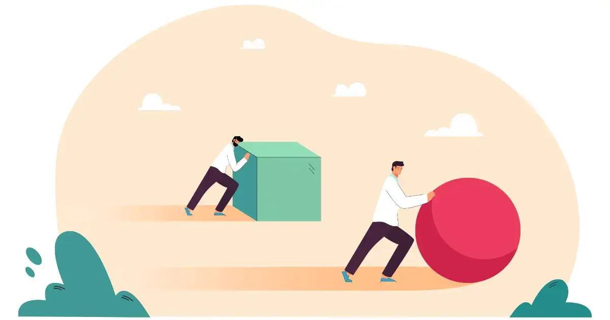 Dos personas luchando por mover objetos de diferentes formas: cubo y esfera