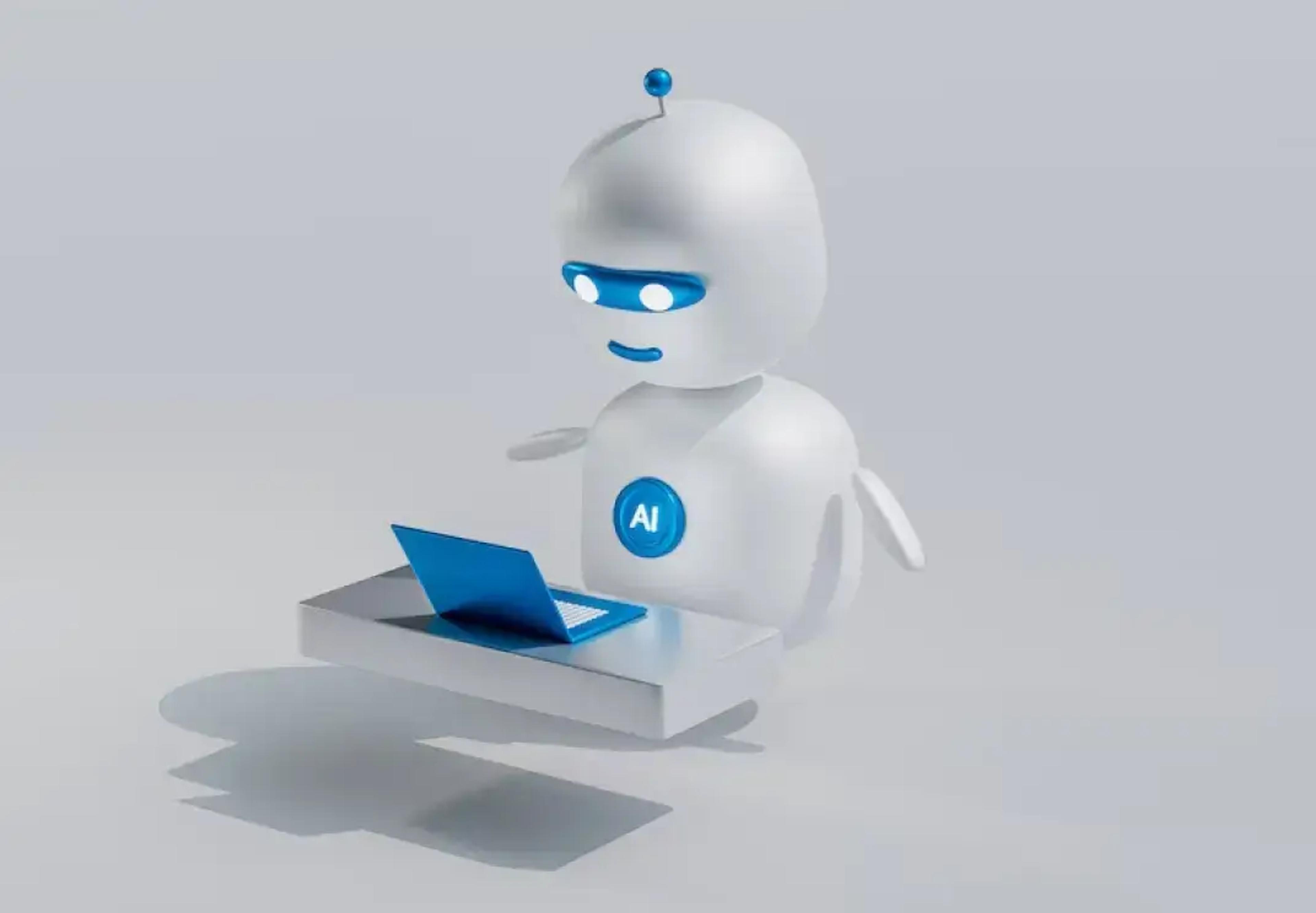 Fehér AI robot kék díszítésekkel, amely egy laptopon dolgozik