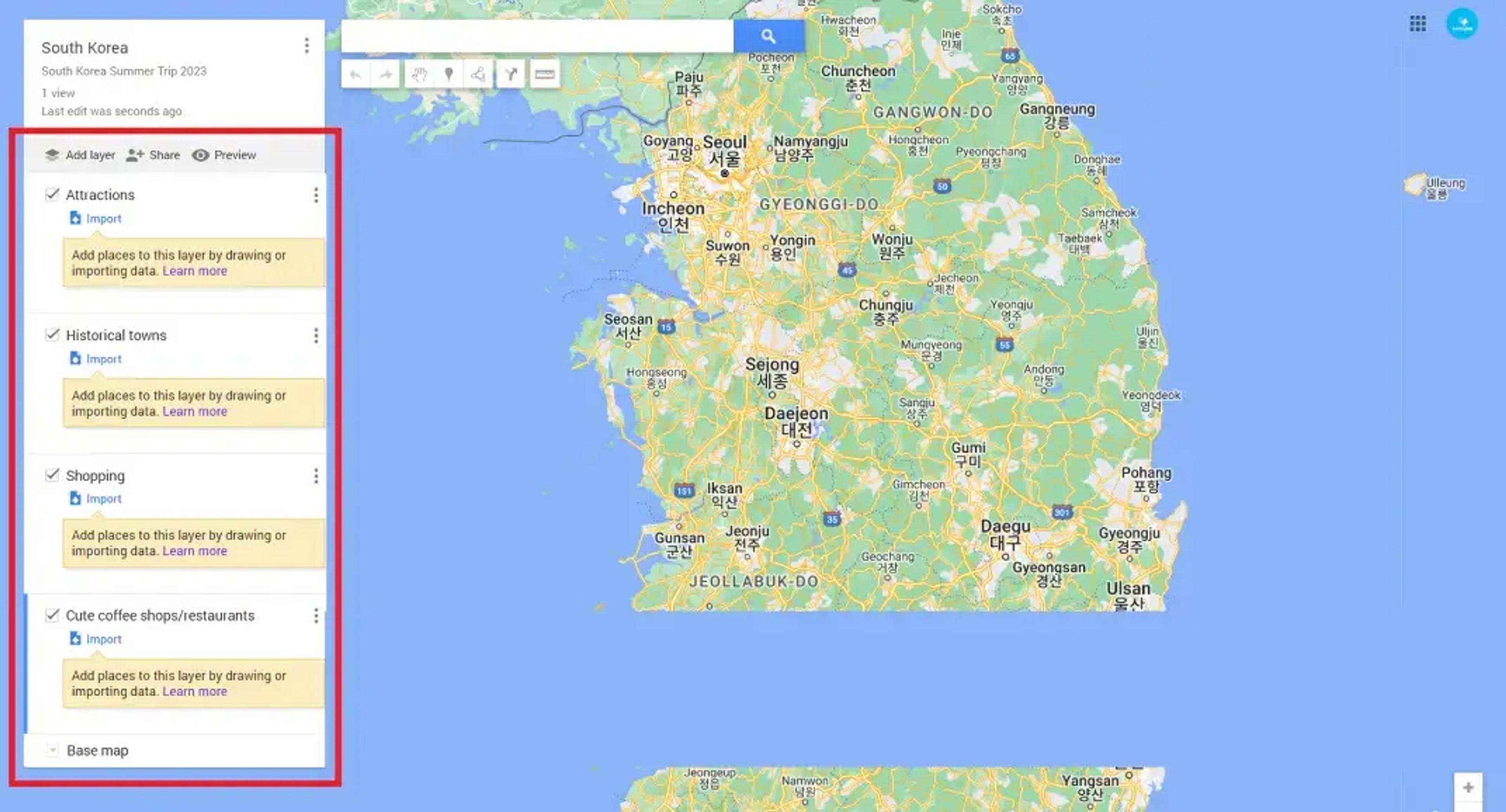 Carte de la Corée du Sud montrant des villes et des régions principales