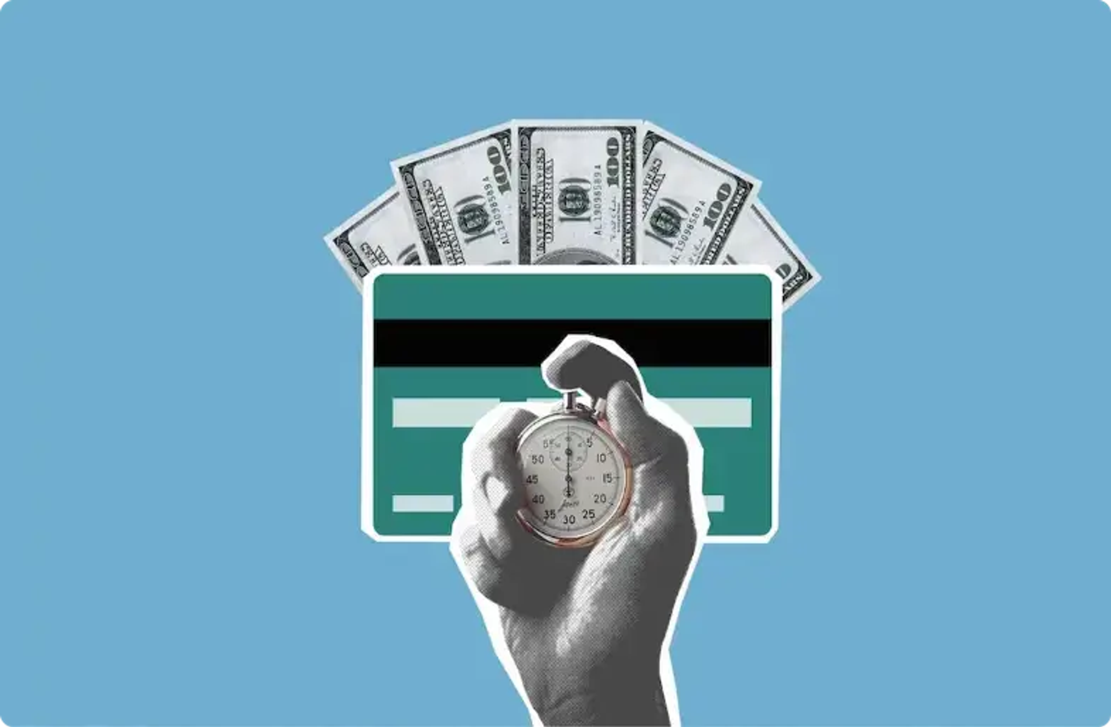 Hand die een stopwatch vasthoudt met creditcard en contant geld, wat financiële timing vertegenwoordigt