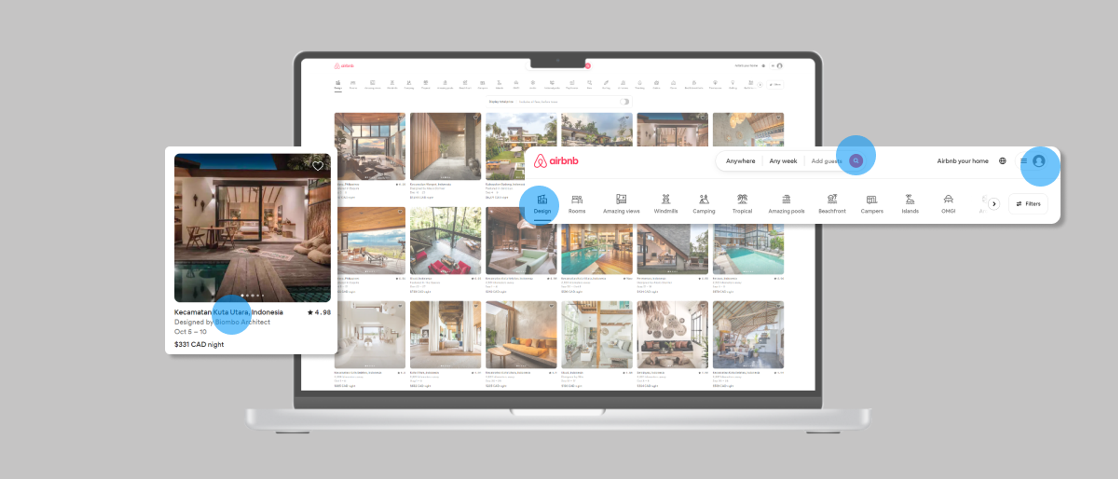 Page d'accueil d'Airbnb avec une variété de locations de logements uniques