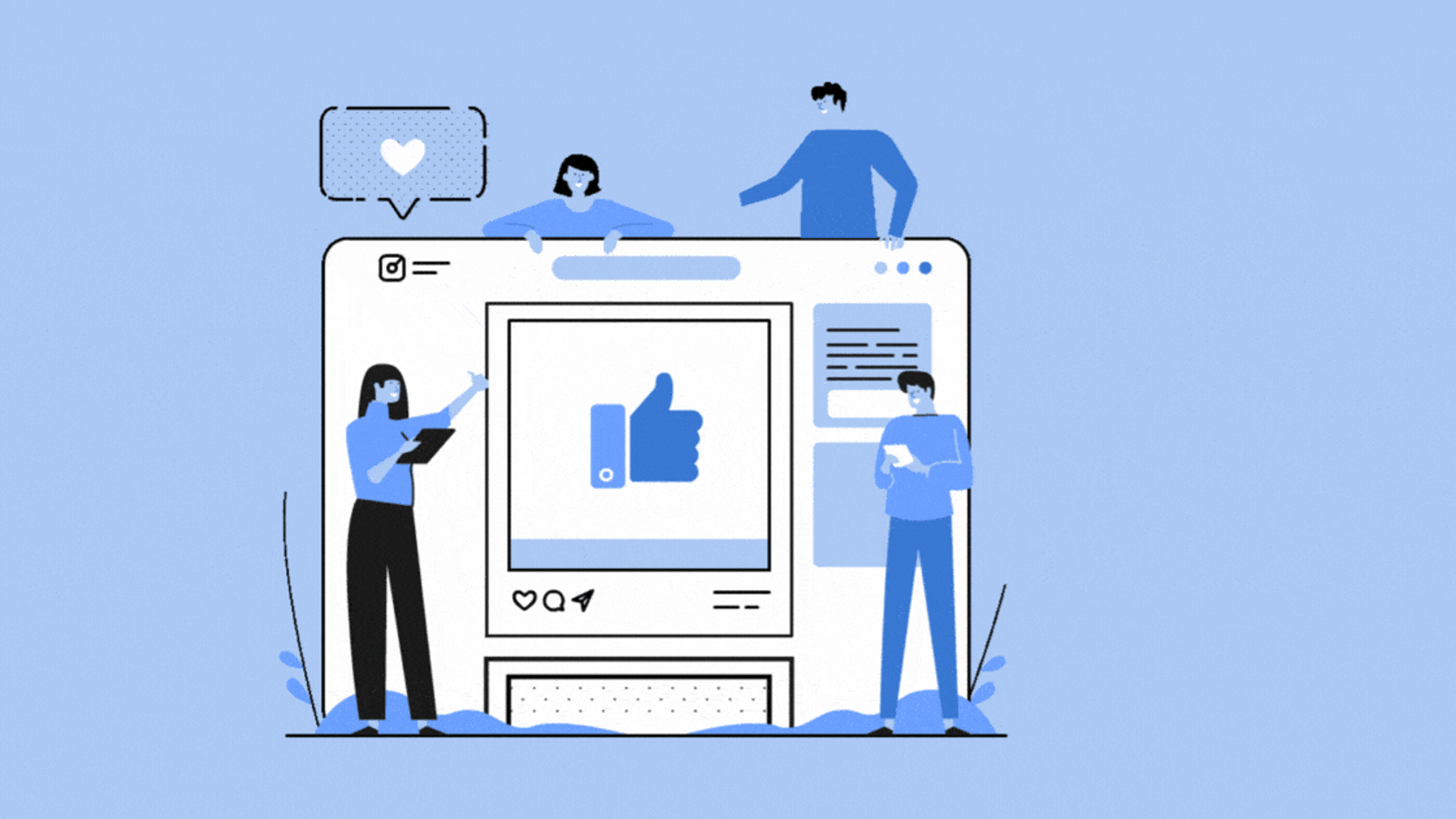 Personen die samenwerken aan de interface van sociale media met duim omhoog