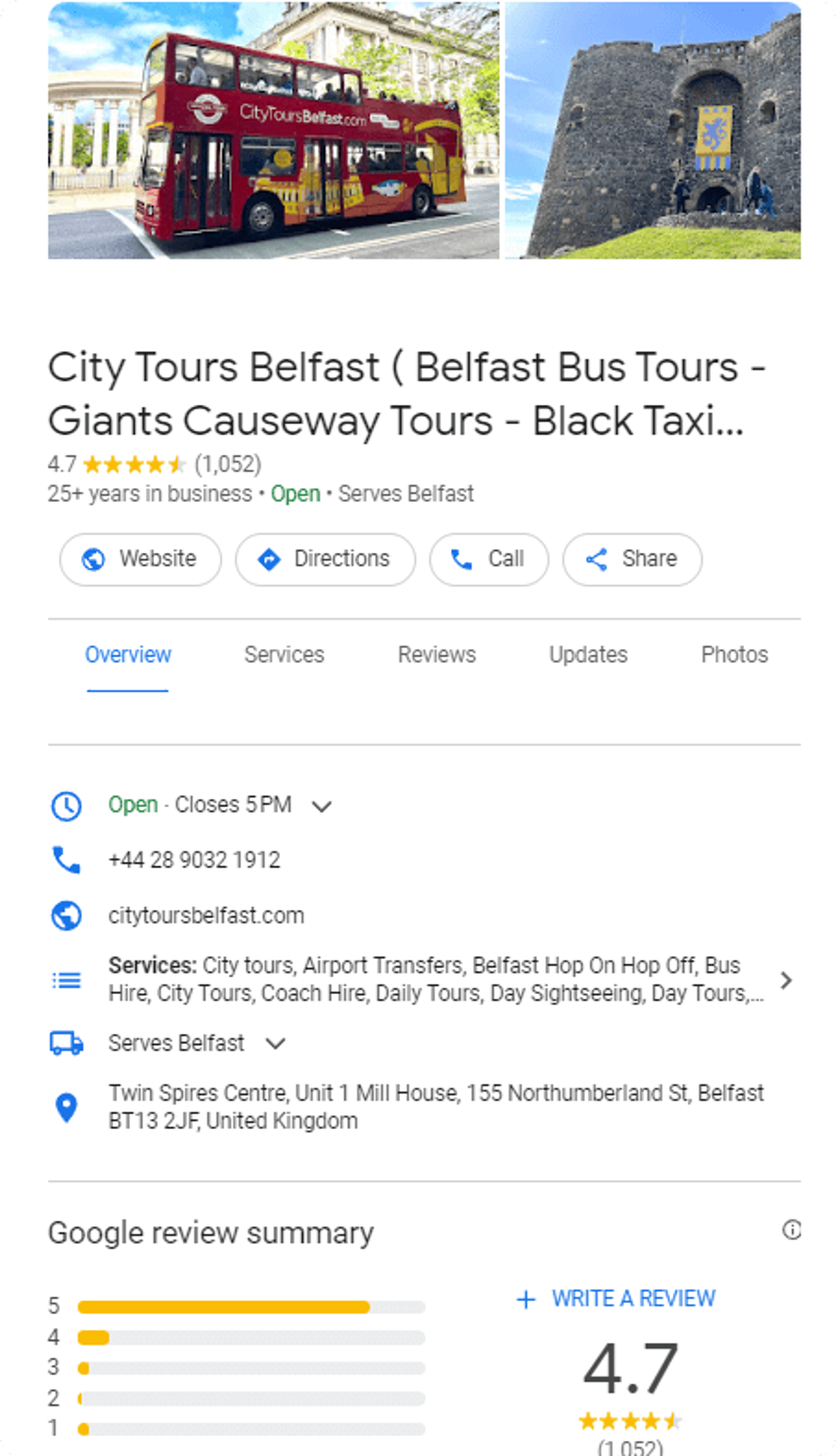 udsnit af city tours belfast i google anmeldelser
