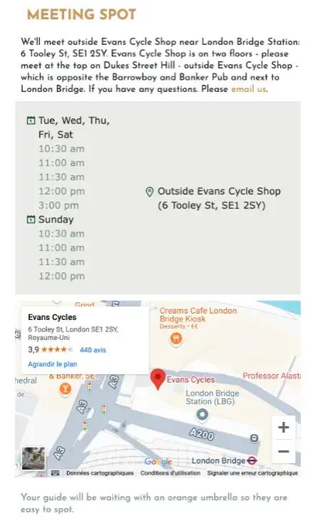 dedikeret plads til anvisninger på turens mødested med en google map indlejring