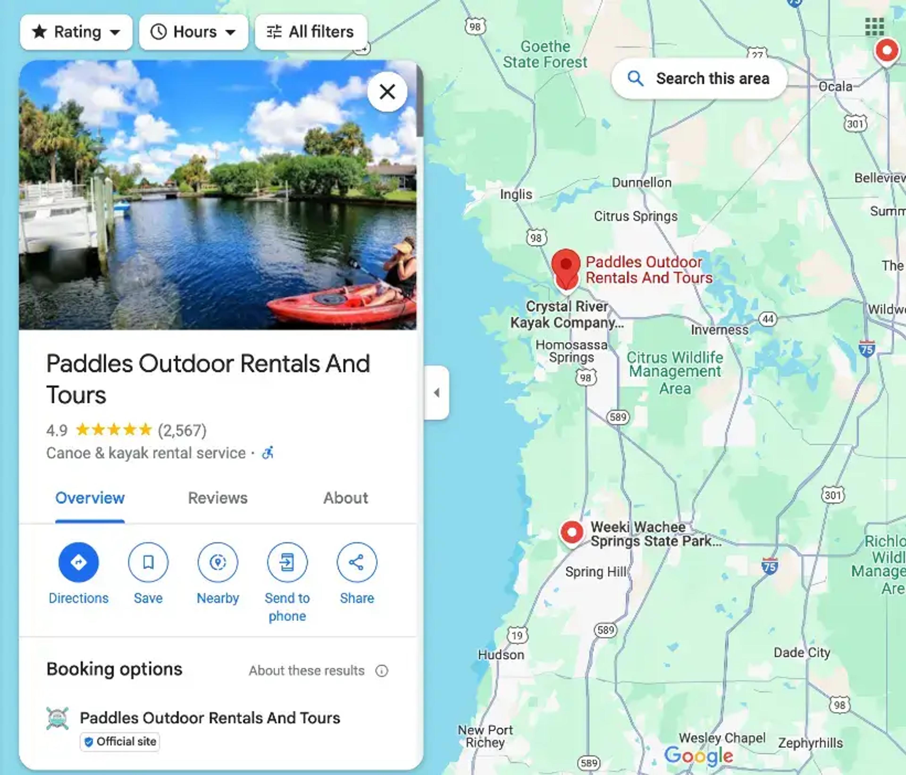 perfil de negocio de kayak optimizado para Google de muestra