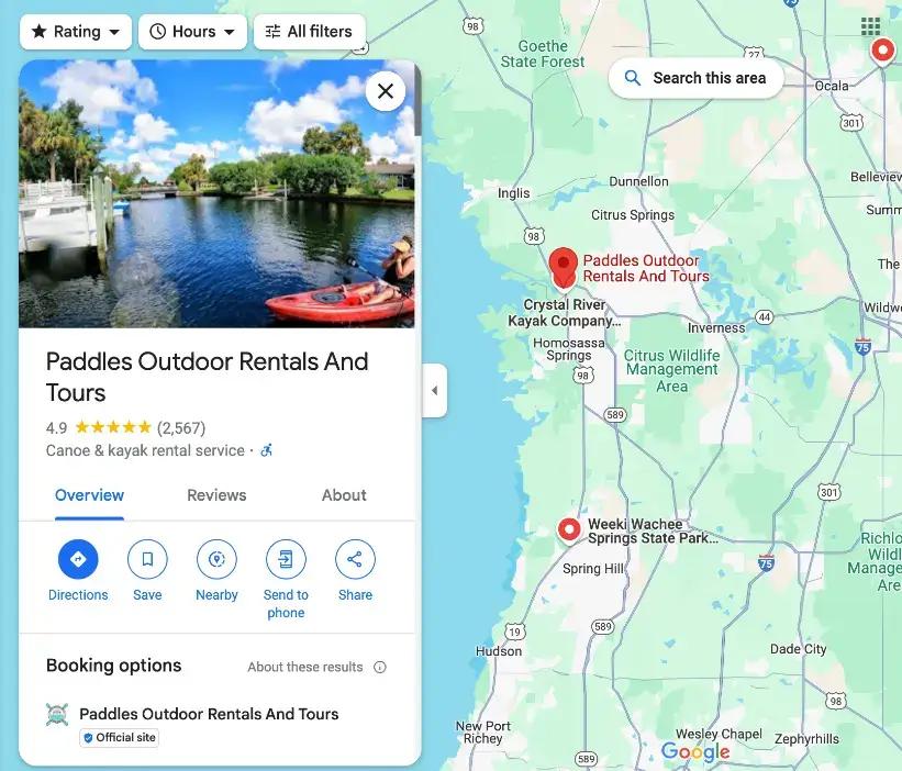 przykładowy zoptymalizowany profil firmy Google dla biznesu kajakowego