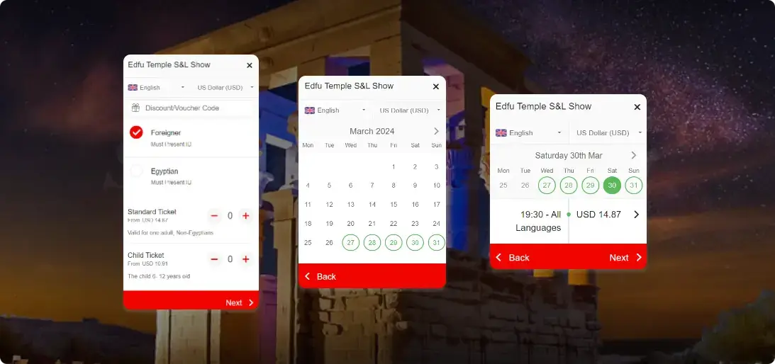 visning af betalingsprocessen for lyd- og lysshowtur med ticketinghub booking widget