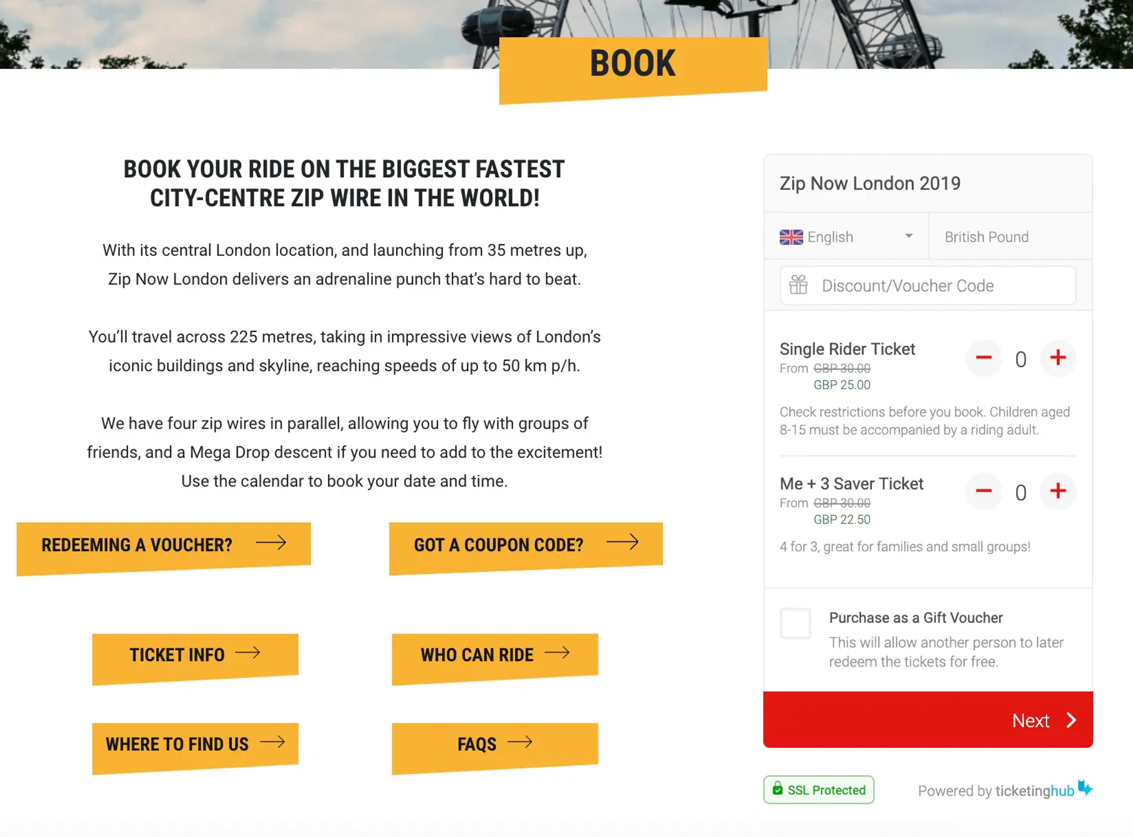 O widget de reserva no site da Zip Now—os convidados convertem sem sair da experiência da marca.
