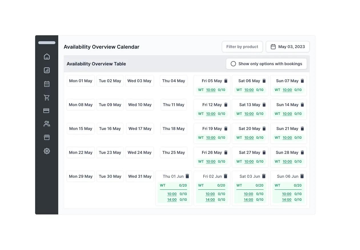 calendario de visión general de disponibilidad que te permite gestionar horarios de tours e inventario en múltiples canales de venta