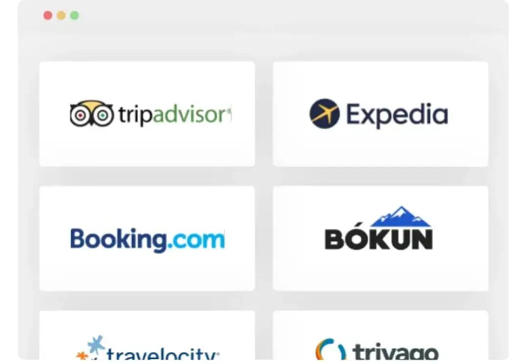Utazási foglalási weboldalak logói, köztük a TripAdvisor, az Expedia, a Booking.com