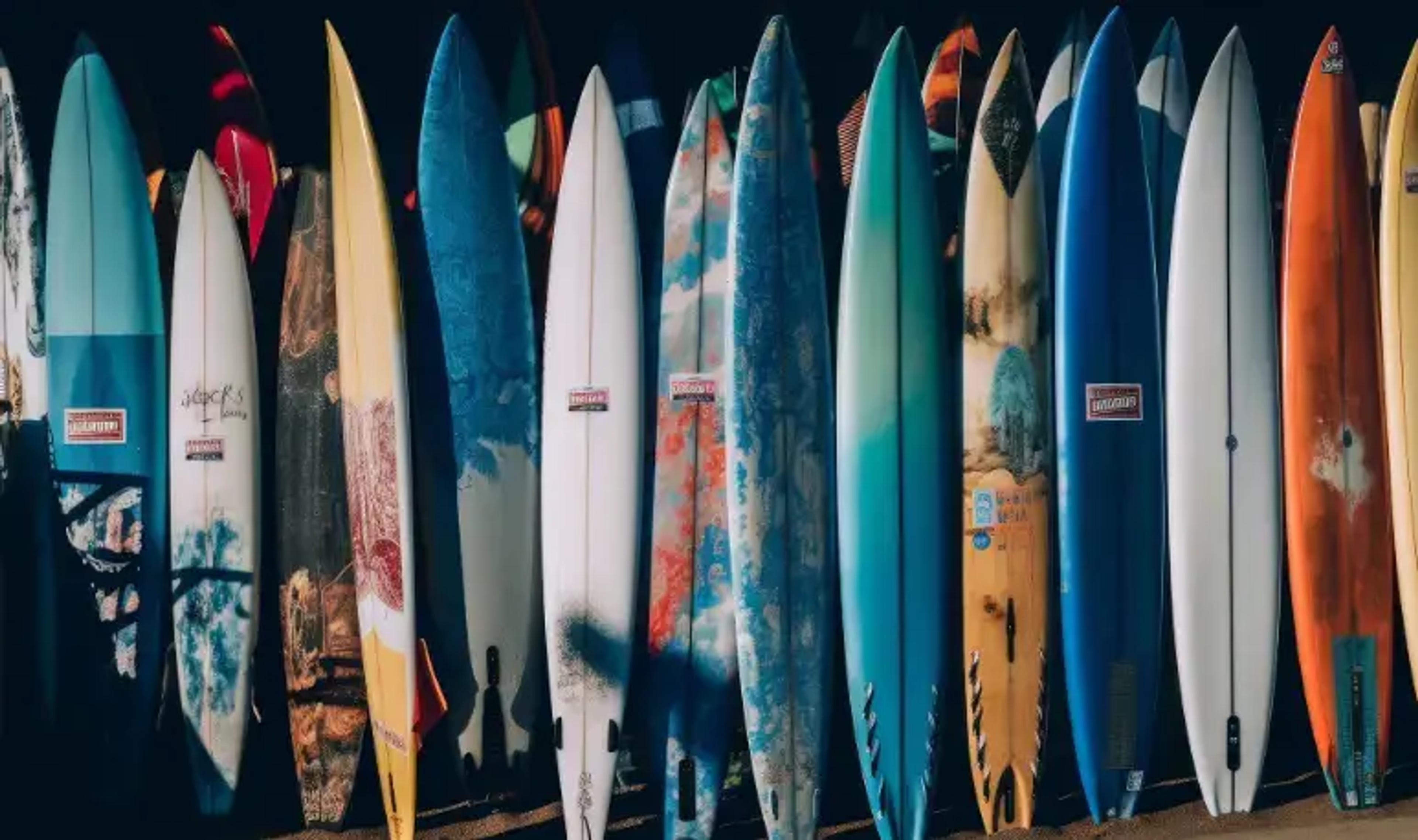 paddle boards på række med forskellige former og designs