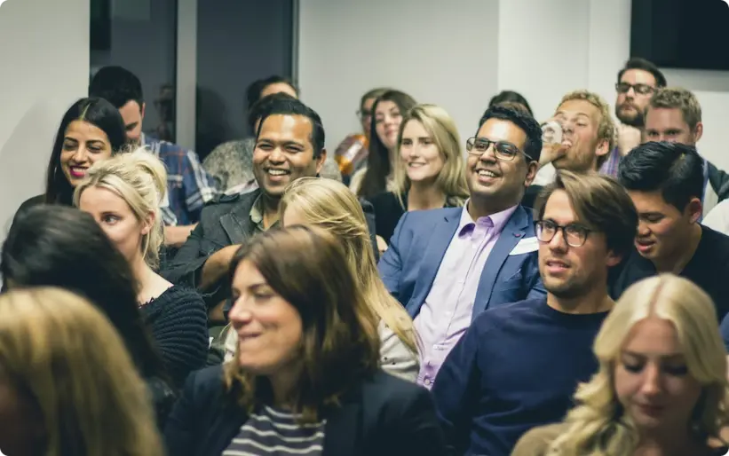 conference, guests, smiling