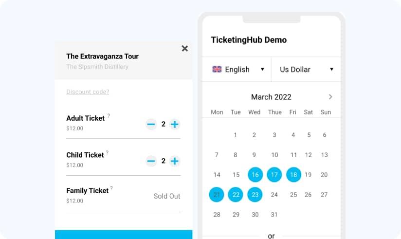Event ticket booking interface for The Extravaganza Tour with calendar