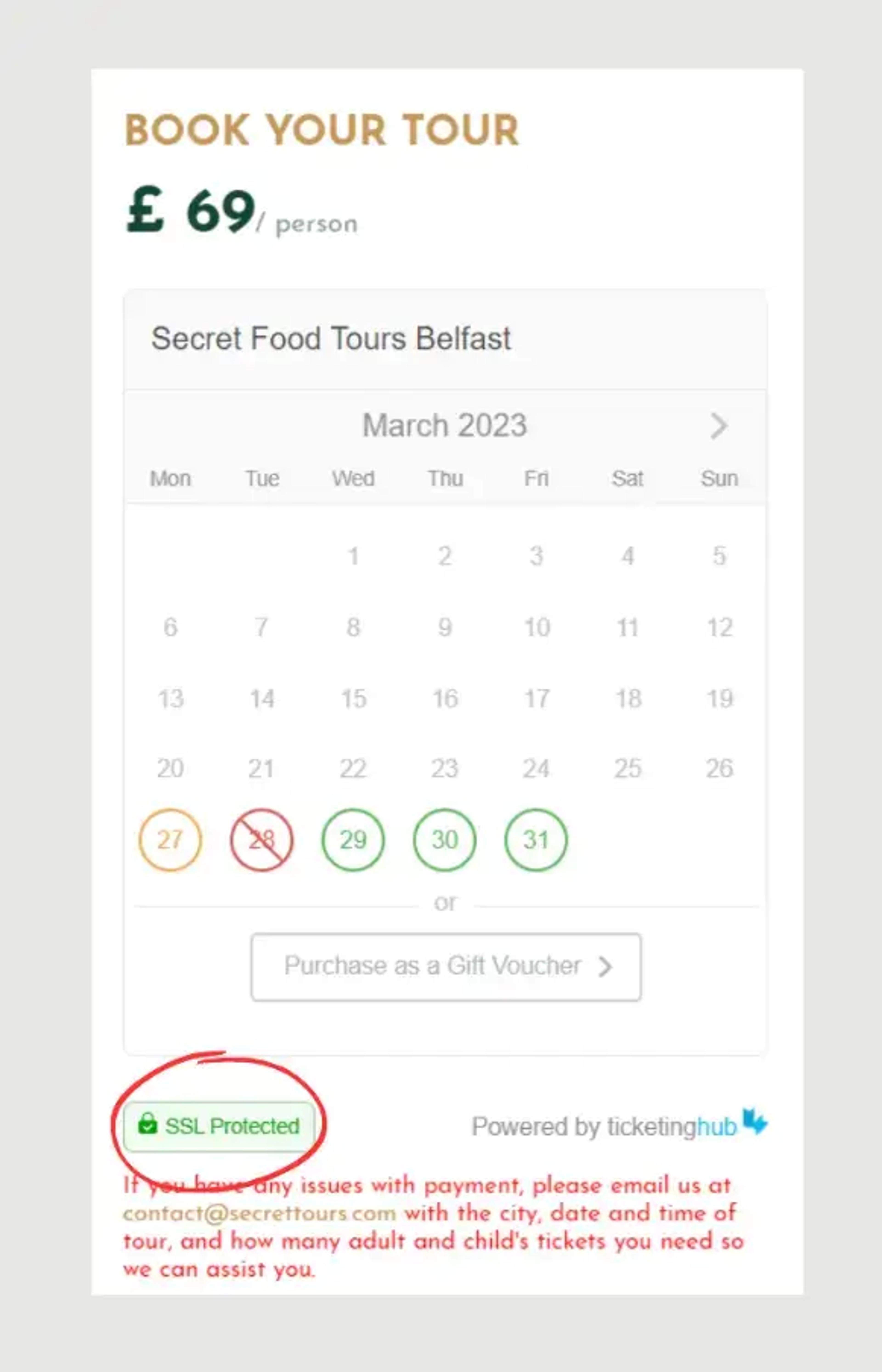 Reservationskalender for en hemmelig gastronomisk tur i Belfast