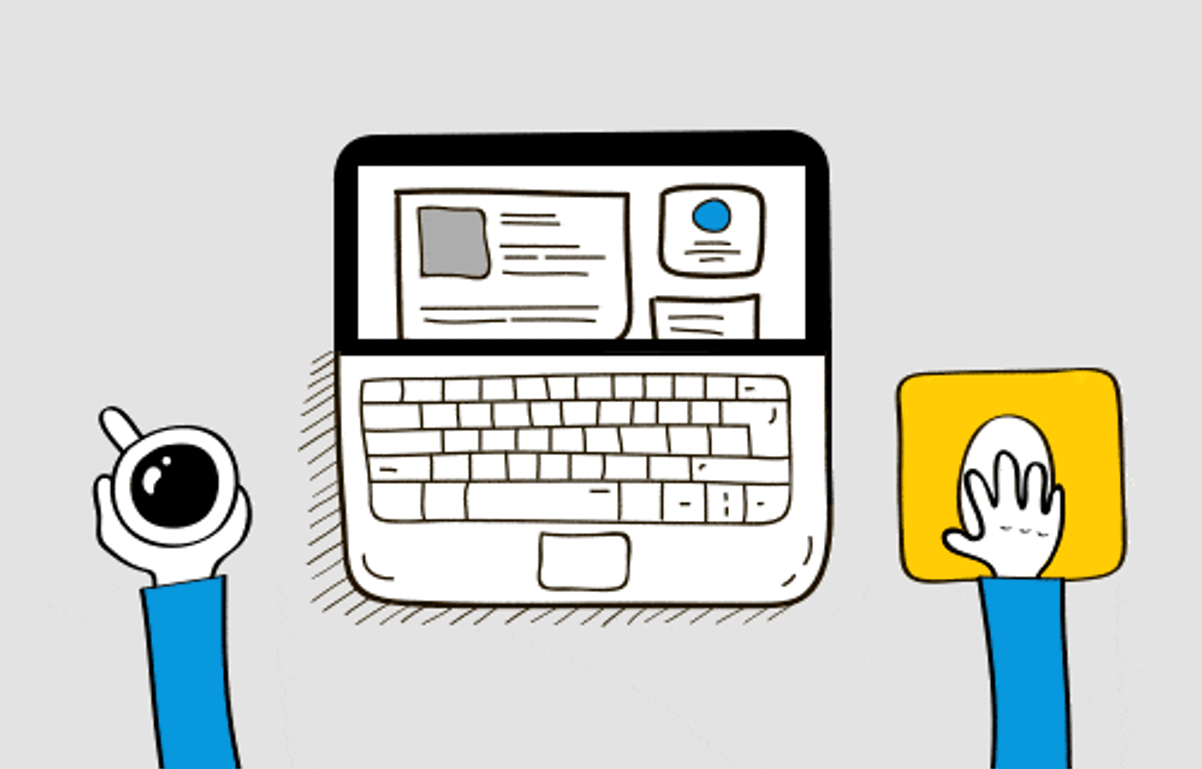 To hænder bruger en bærbar computer med interfaces på skærmen