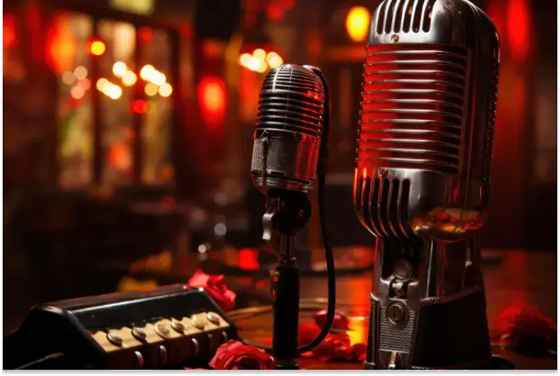 karaoke bár vállalkozás beállítása a megfelelő felszereléssel, mikrofonokkal és erősítőkkel a képen