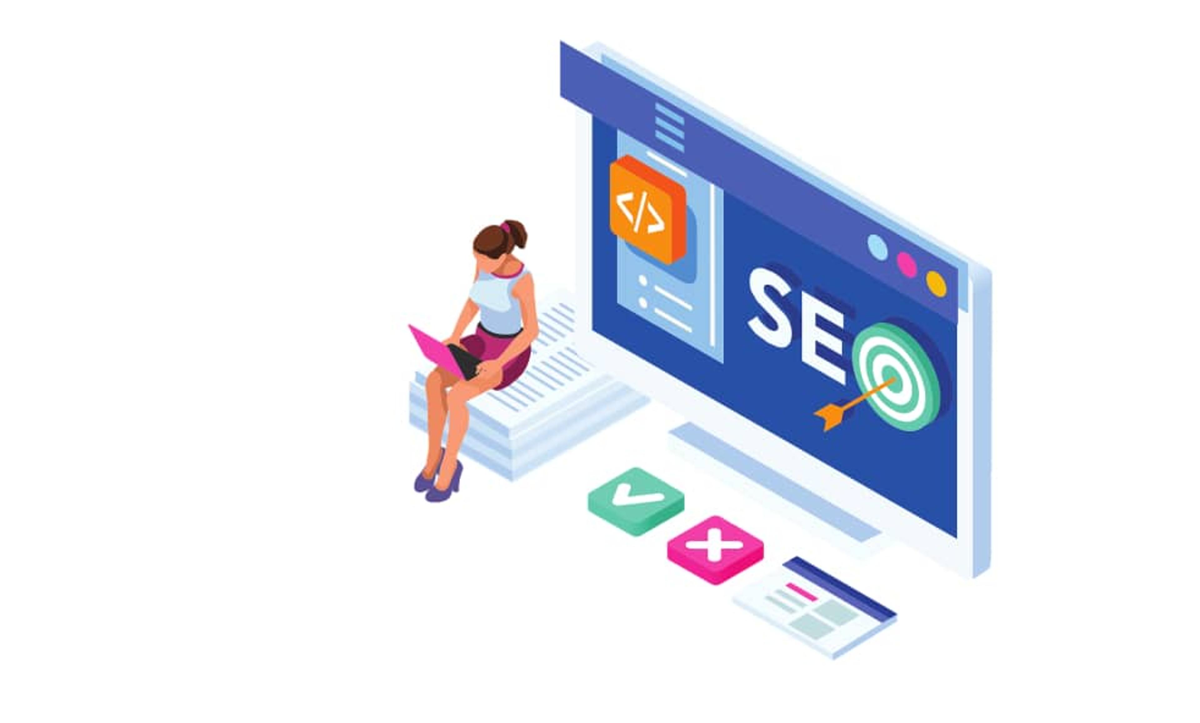 אישה עובדת על אופטימיזציה של SEO עם קידוד ואלמנטים של מטרה
