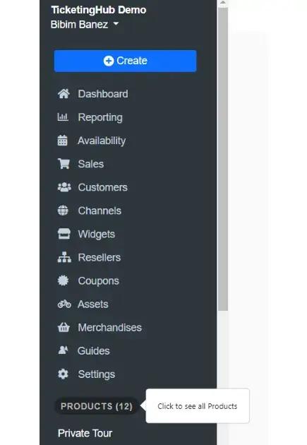 Interfaccia demo di TicketingHub con menu di navigazione laterale
