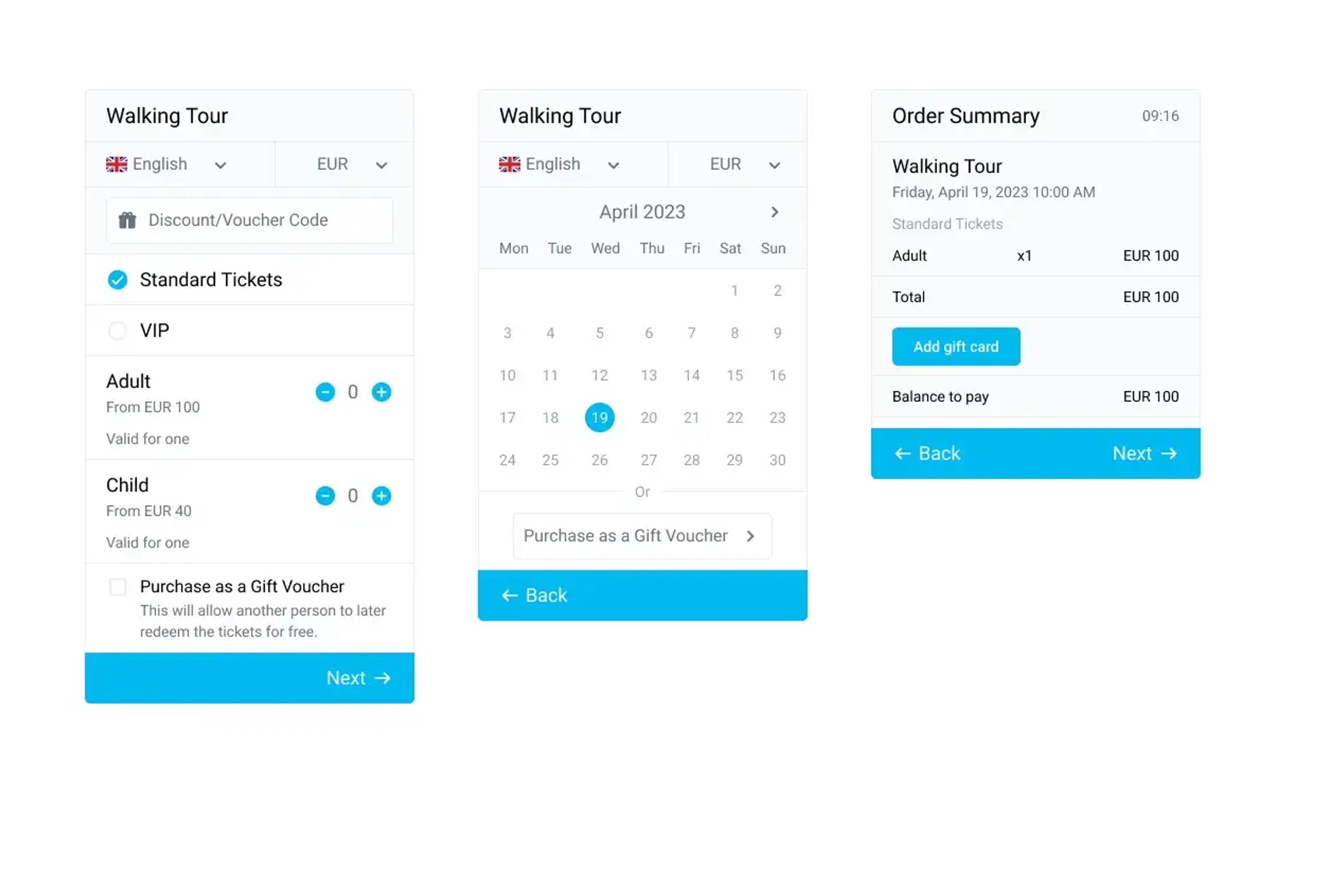Boekingsinterface voor toeristische rondleiding met datum- en ticketselectie