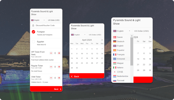booking widget interface of ticketinghub on egypts sound and light show