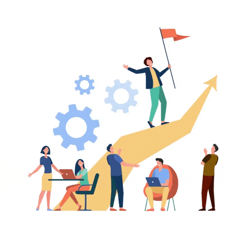Business team climbing growth arrow with teamwork and success flag