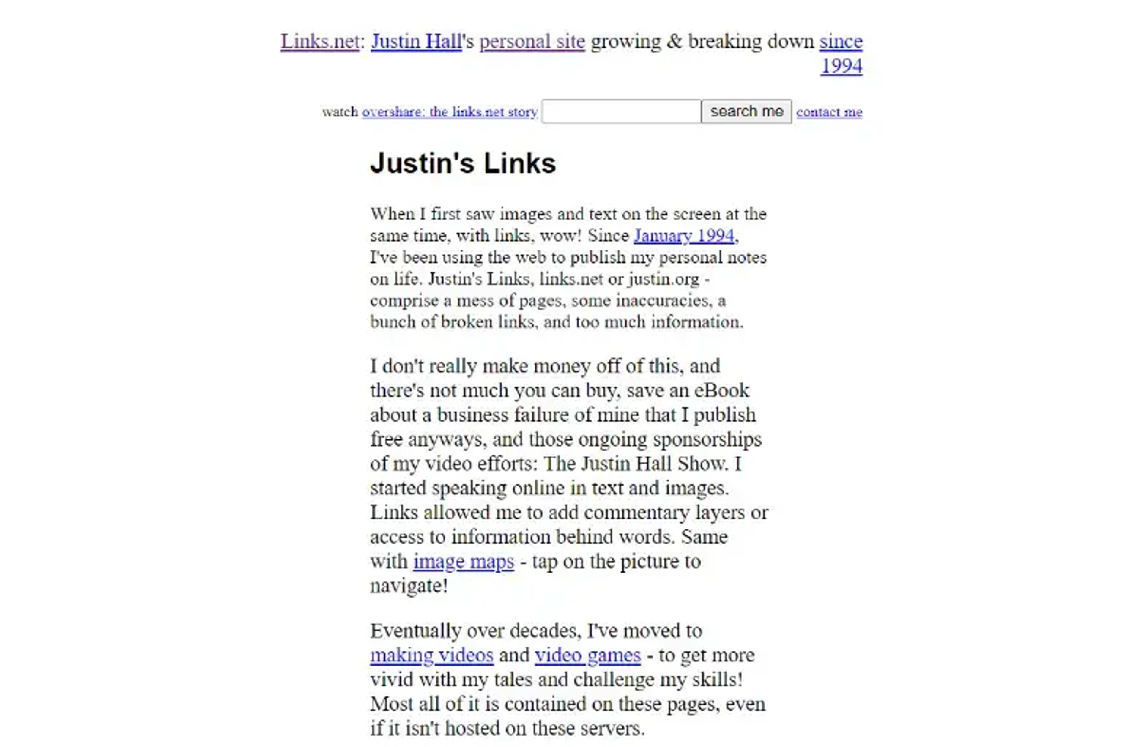 1994年Justin Hall的个人网站，包含链接和个人笔记