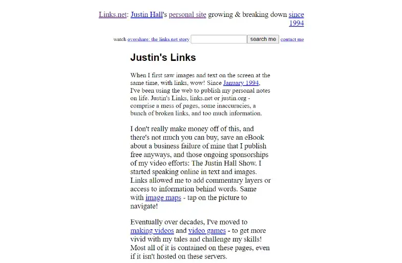 Justin Hall's personal website with links and personal notes from 1994