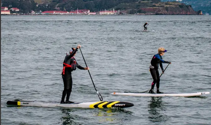 to mænd paddle boarding ved stranden iført komplet sikkerhedsudstyr
