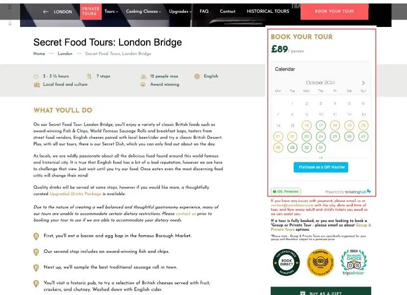 widget de réservation ticketinghub utilisé sur la page de réservation des visites gastronomiques secrètes