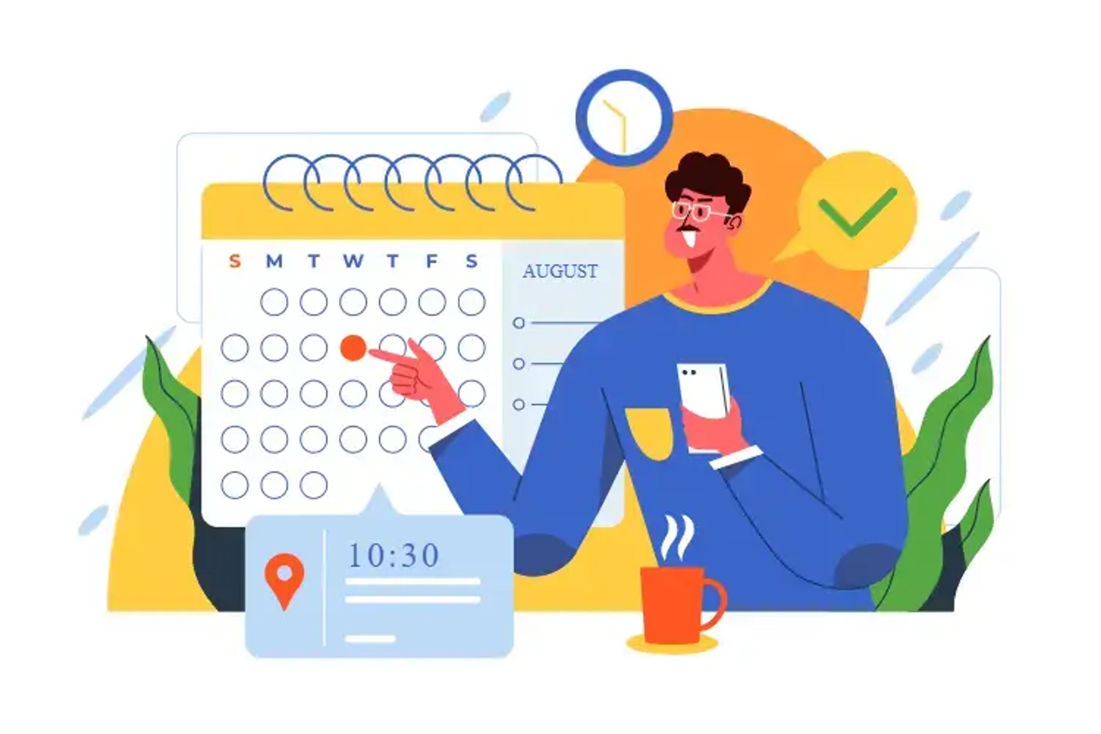 Person scheduling tasks on calendar with coffee and location marker
