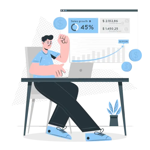 Verkoopprofessional viert een stijging van 45% in verkoop bij een laptopwerkstation.