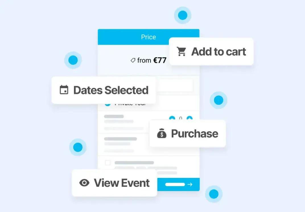 Event booking interface with price, dates, cart, and purchase options