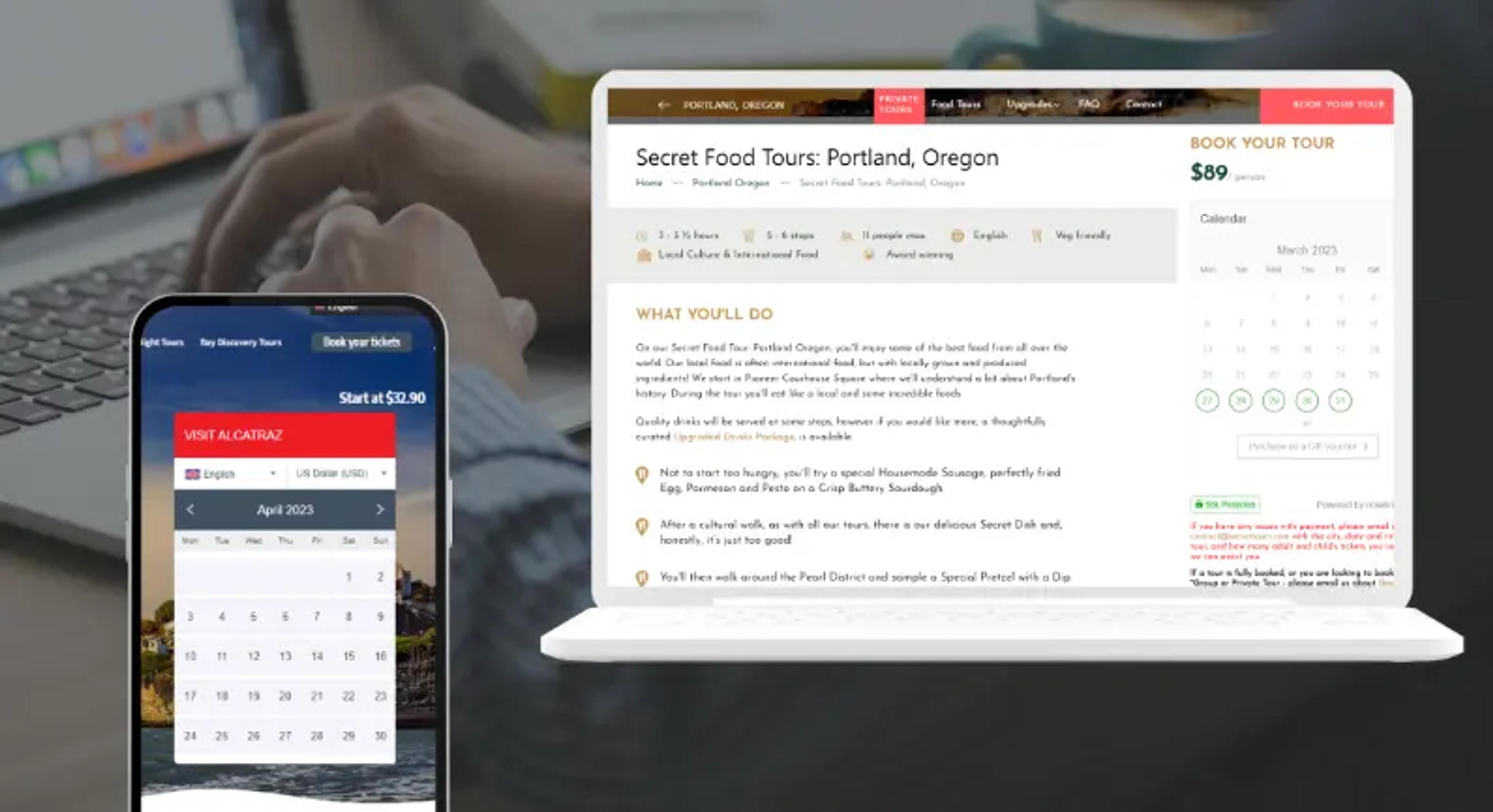 Rezerwacja wycieczki kulinarnej w Portland na komputerze przenośnym i urządzeniu mobilnym
