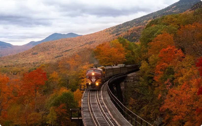 train orange entre des arbres d'automne, chemins de fer panoramiques