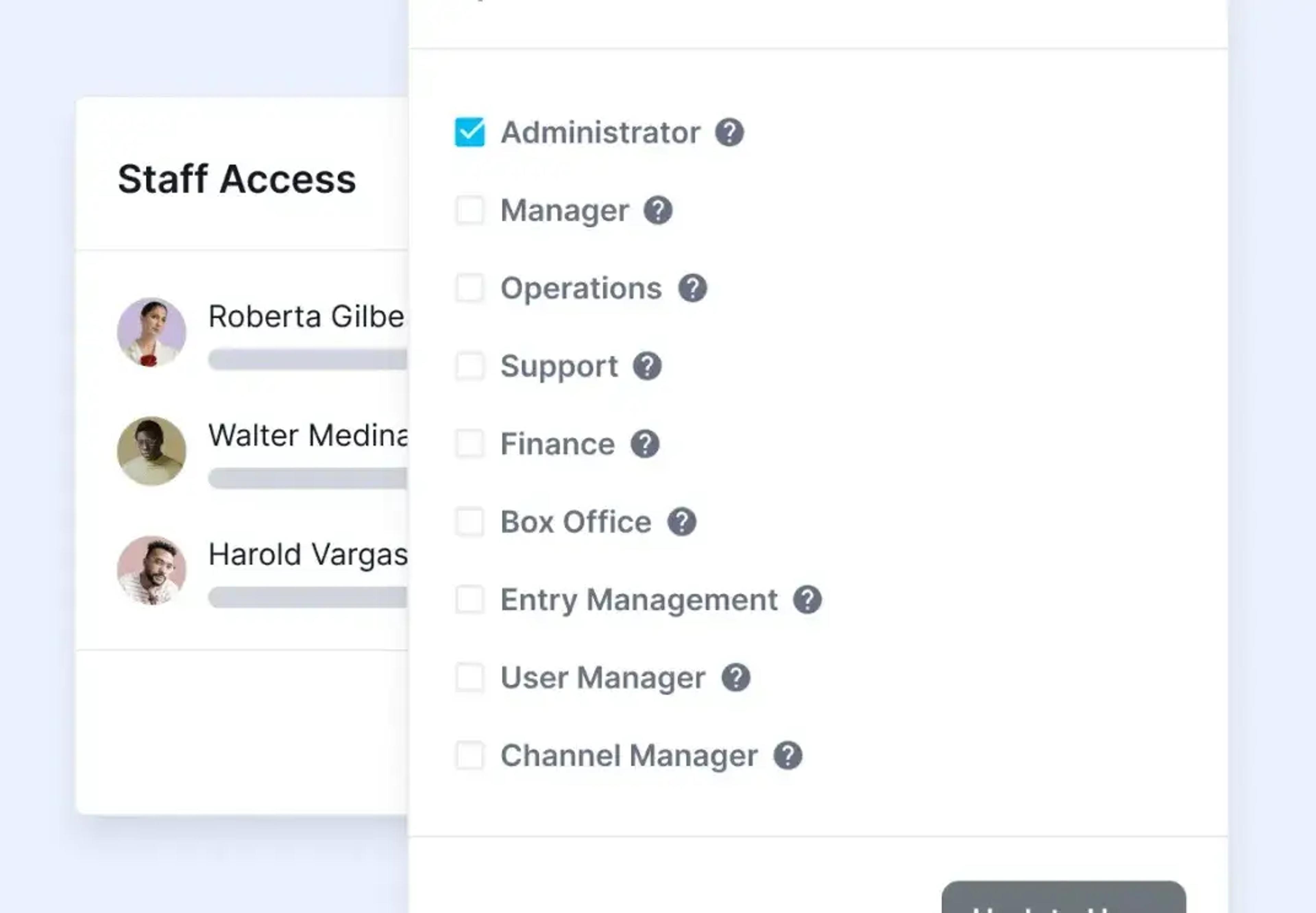 Interfaccia di gestione dell'accesso del personale con ruoli e permessi dei dipendenti