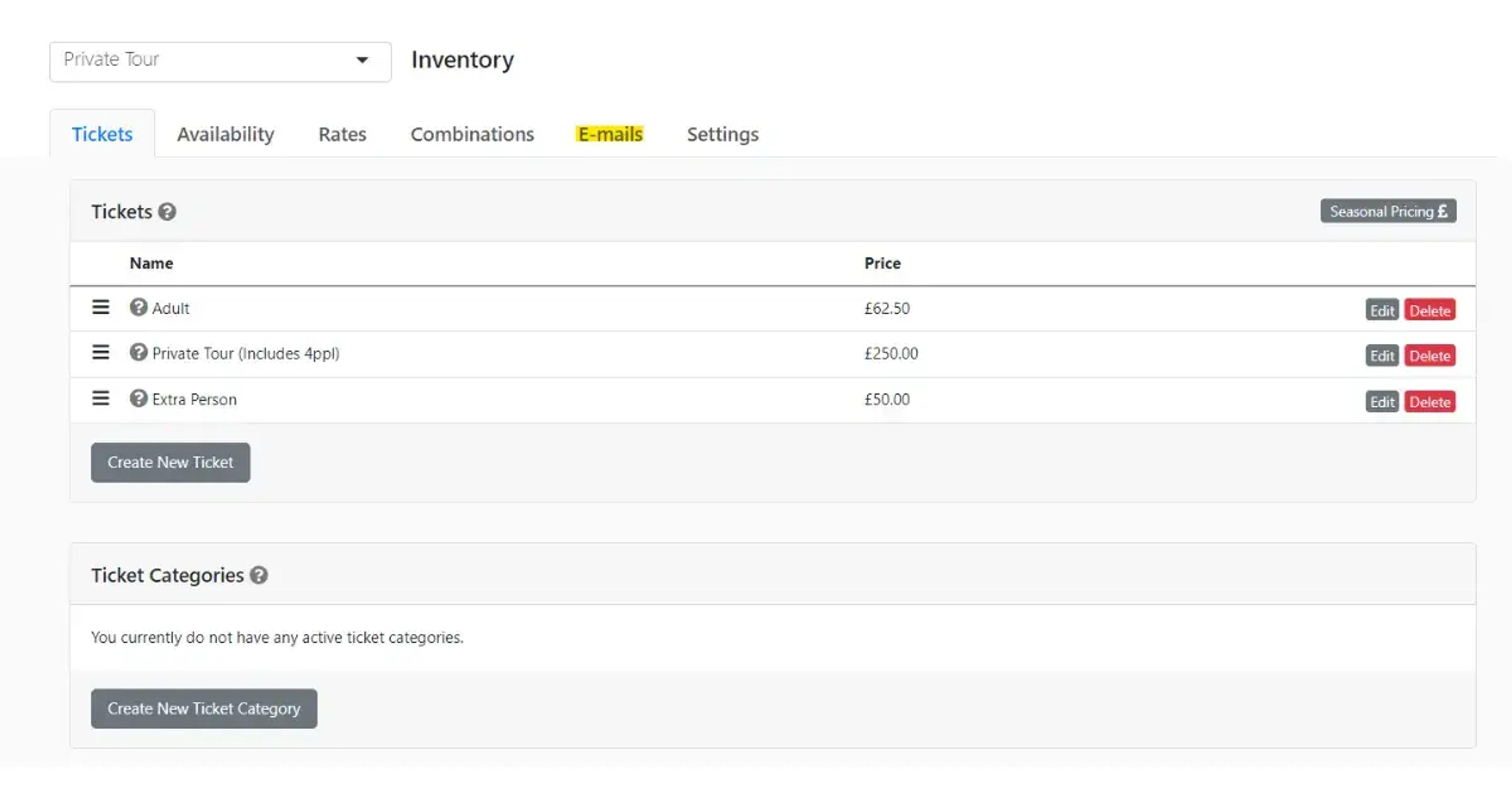 Interface de gestion de billets avec prix pour visite privée et personne supplémentaire