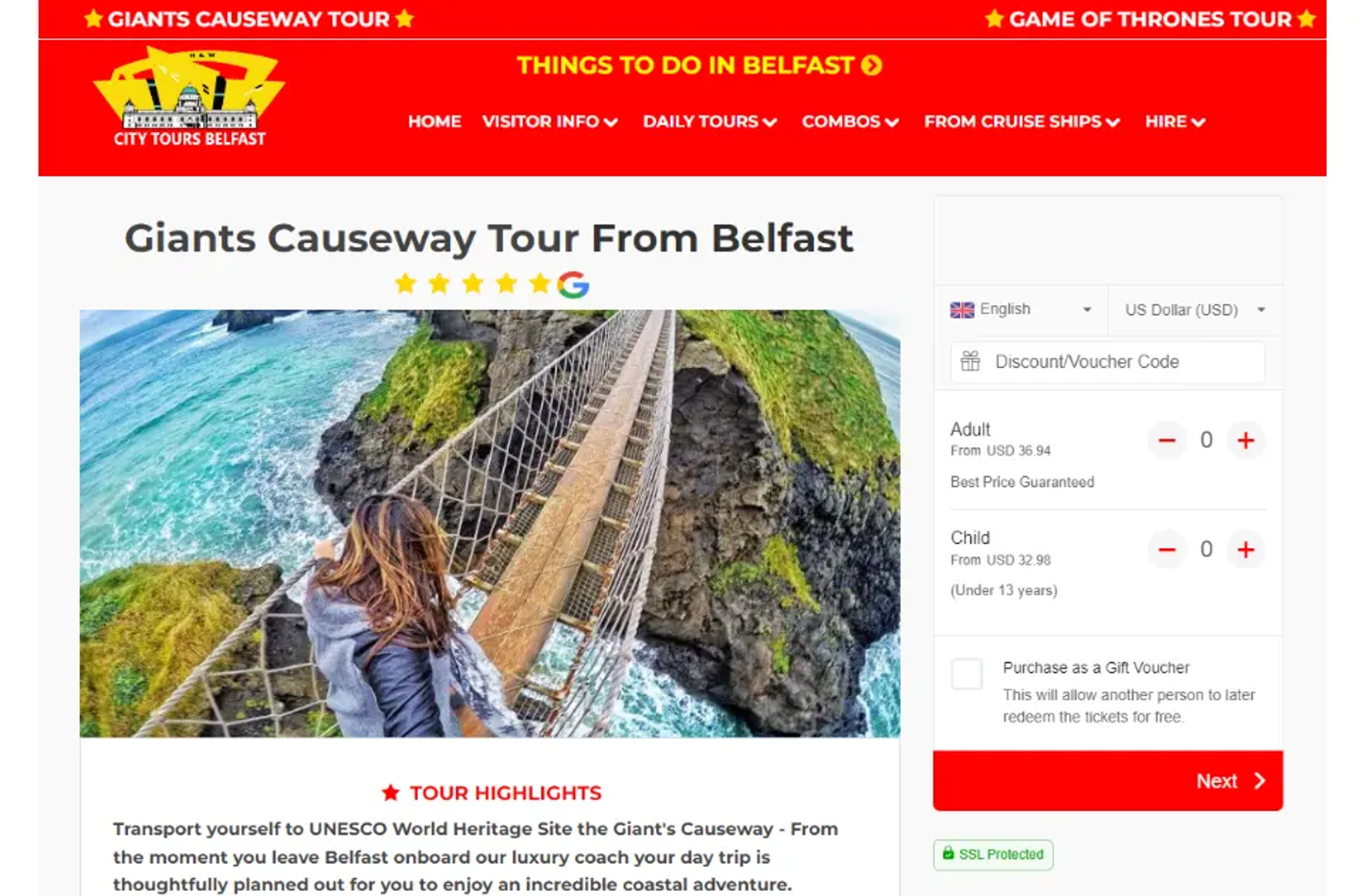 page de réservation des visites de la ville de Belfast vendant des visites de la chaussée des géants avec le widget de réservation de TicketingHub