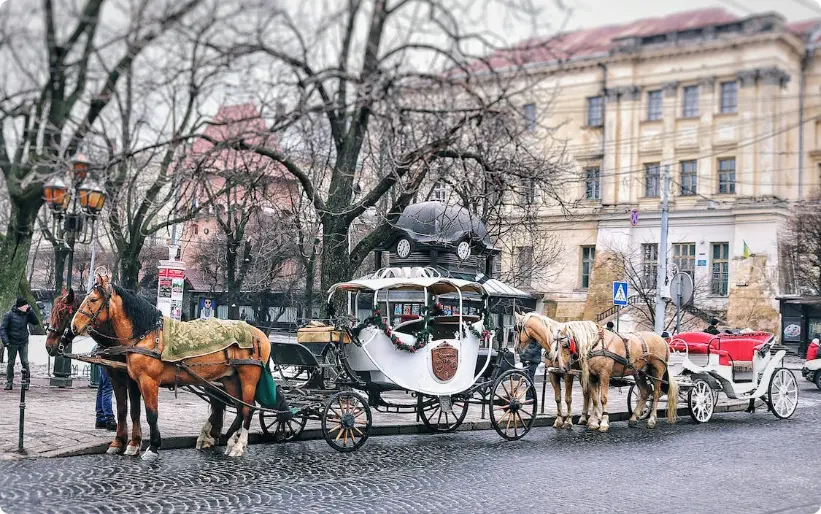 Vintage-Pferdekutschen, die auf einer gepflasterten Straße in einer historischen Stadt geparkt sind