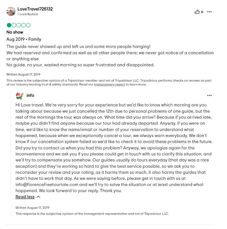 مثال على رد جيد على تعليق سلبي على موقع Tripadvisor