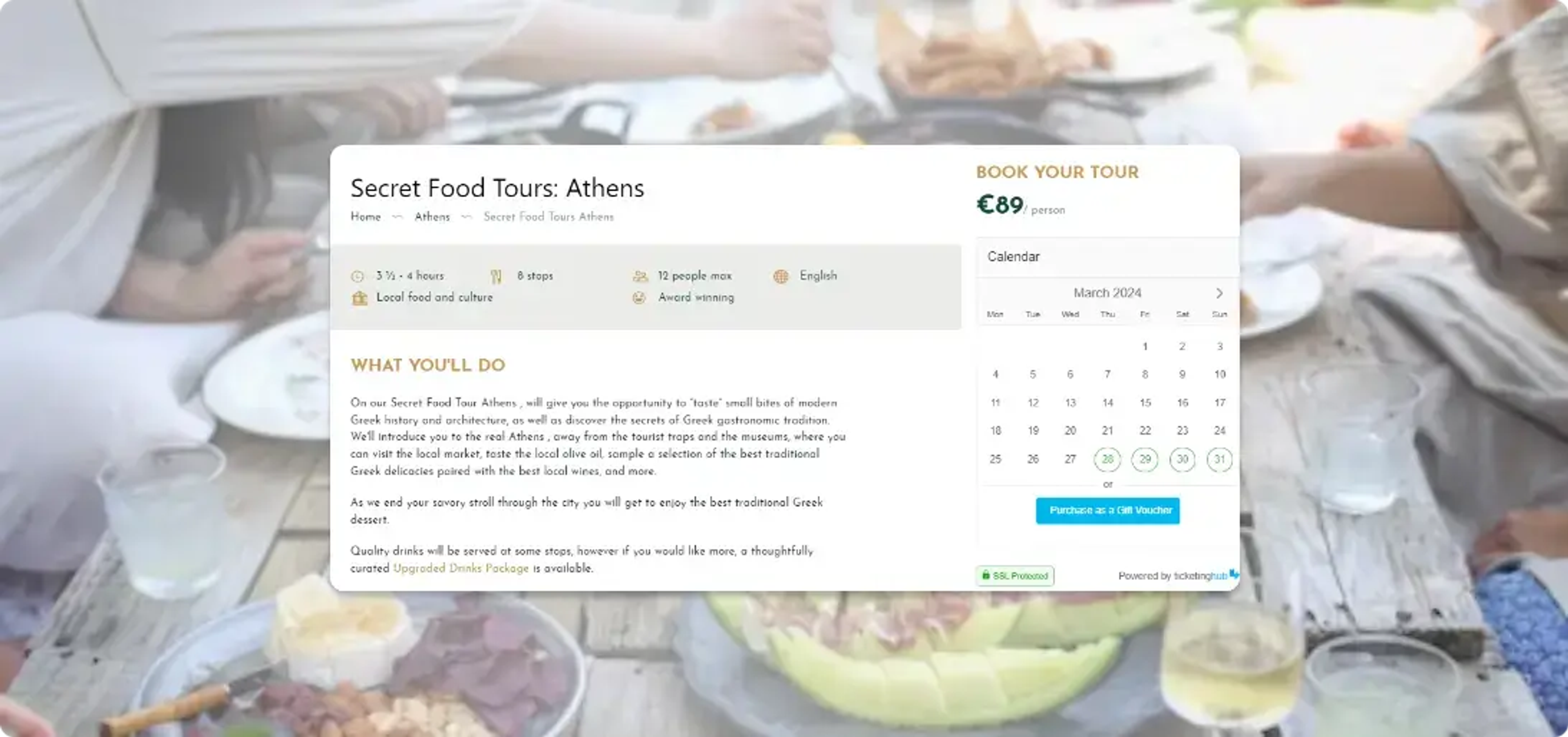 mostrando il processo di checkout dei Secret Food Tours con TicketingHub