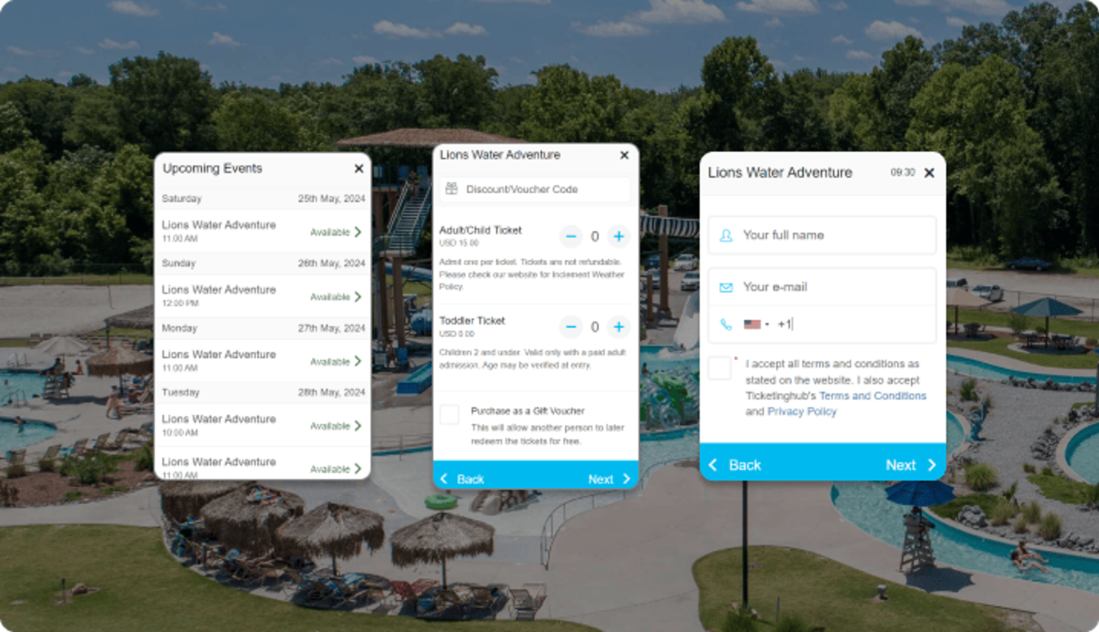 mostrando la interfaz del software de widget de reservas de ticketinghub en el sitio web de reservas del parque de aventuras acuáticas lions