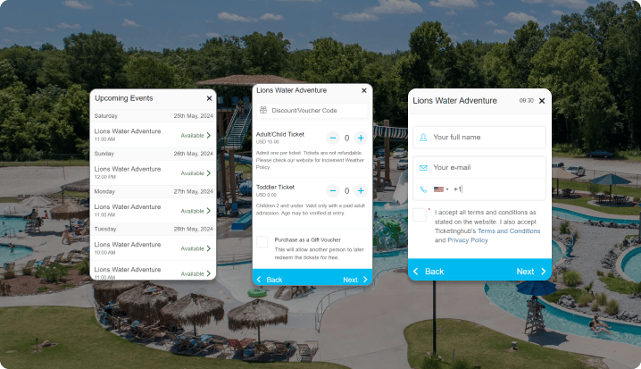 zeigt die Buchungs-Widget-Softwareoberfläche von Ticketinghub auf der Buchungswebsite des Lions Water Adventure Park