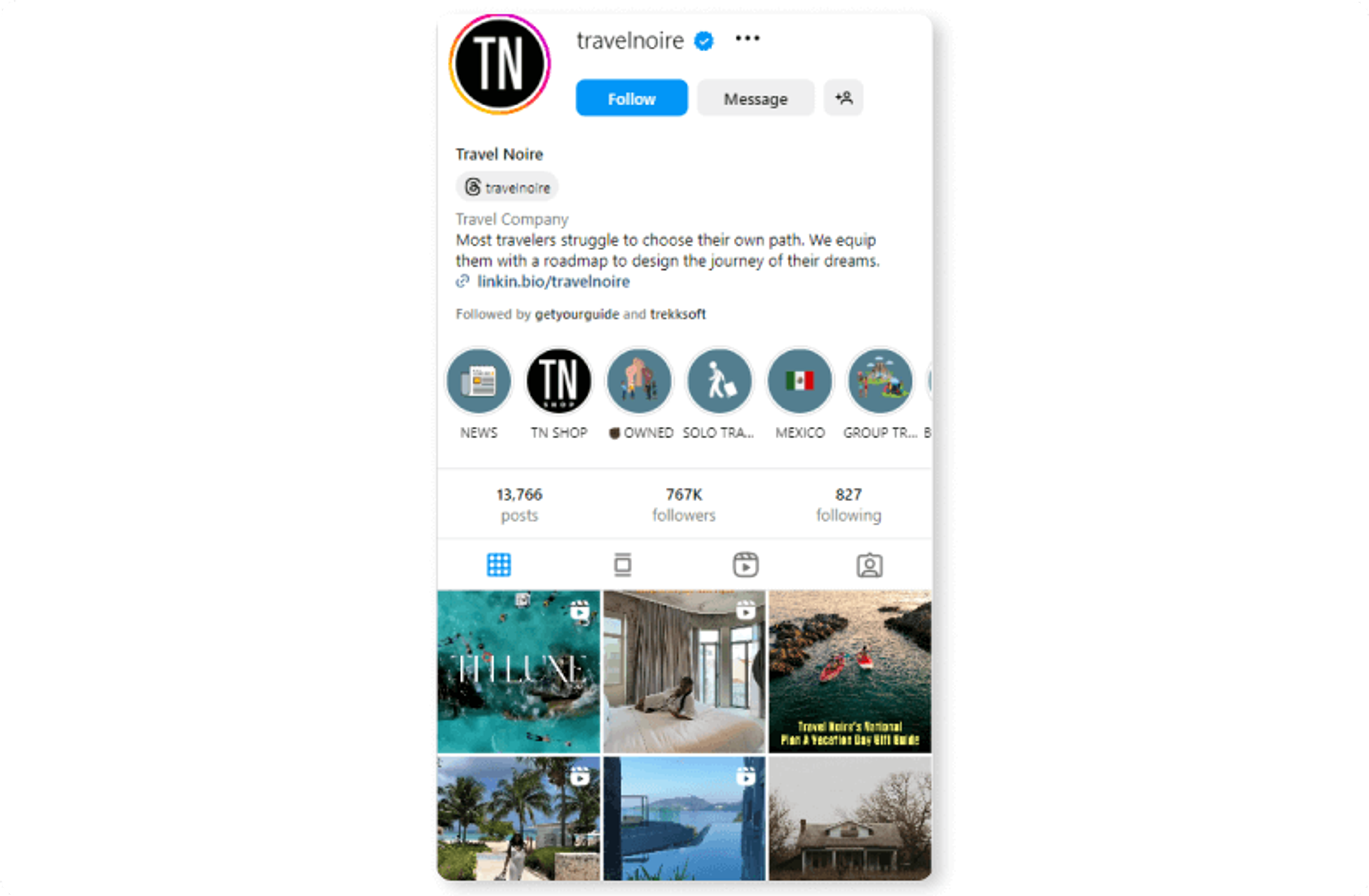 Instagram-profil af Travel Noire, der præsenterer forskellige rejsedestinationer